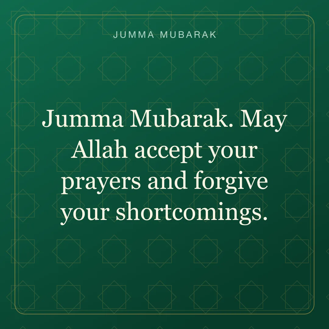 Jumma Mubarak. May Allah accept your prayers and forgive your shortcomings. Original geometric Jumma Mubarak card in English.