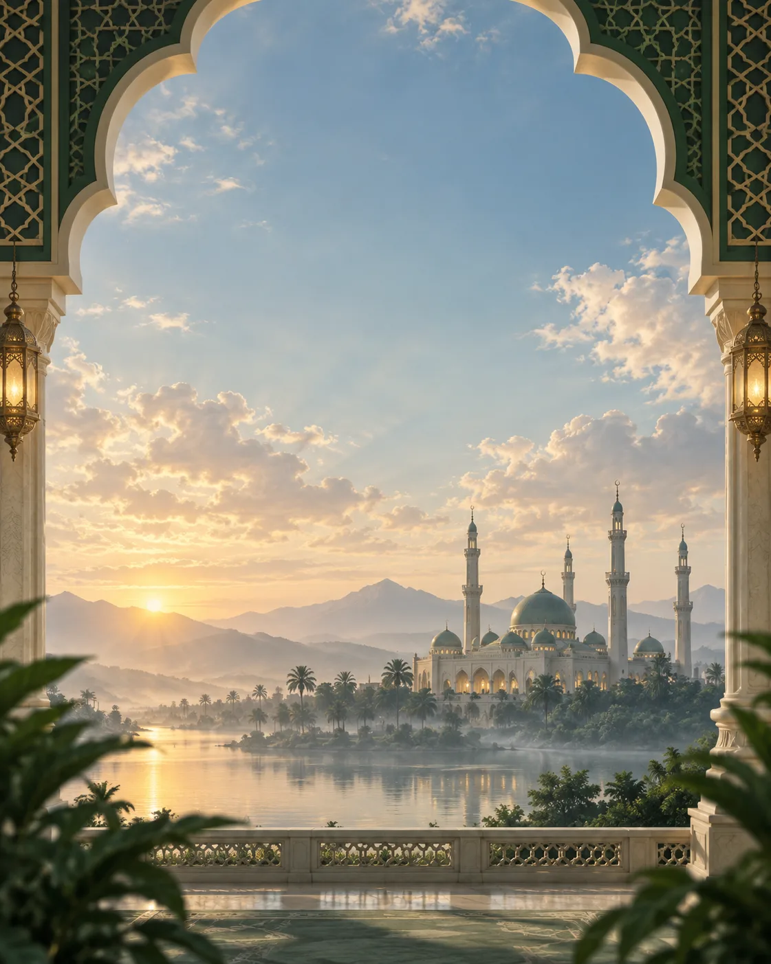 Serene mosque at sunrise for a Jumma Mubarak greeting